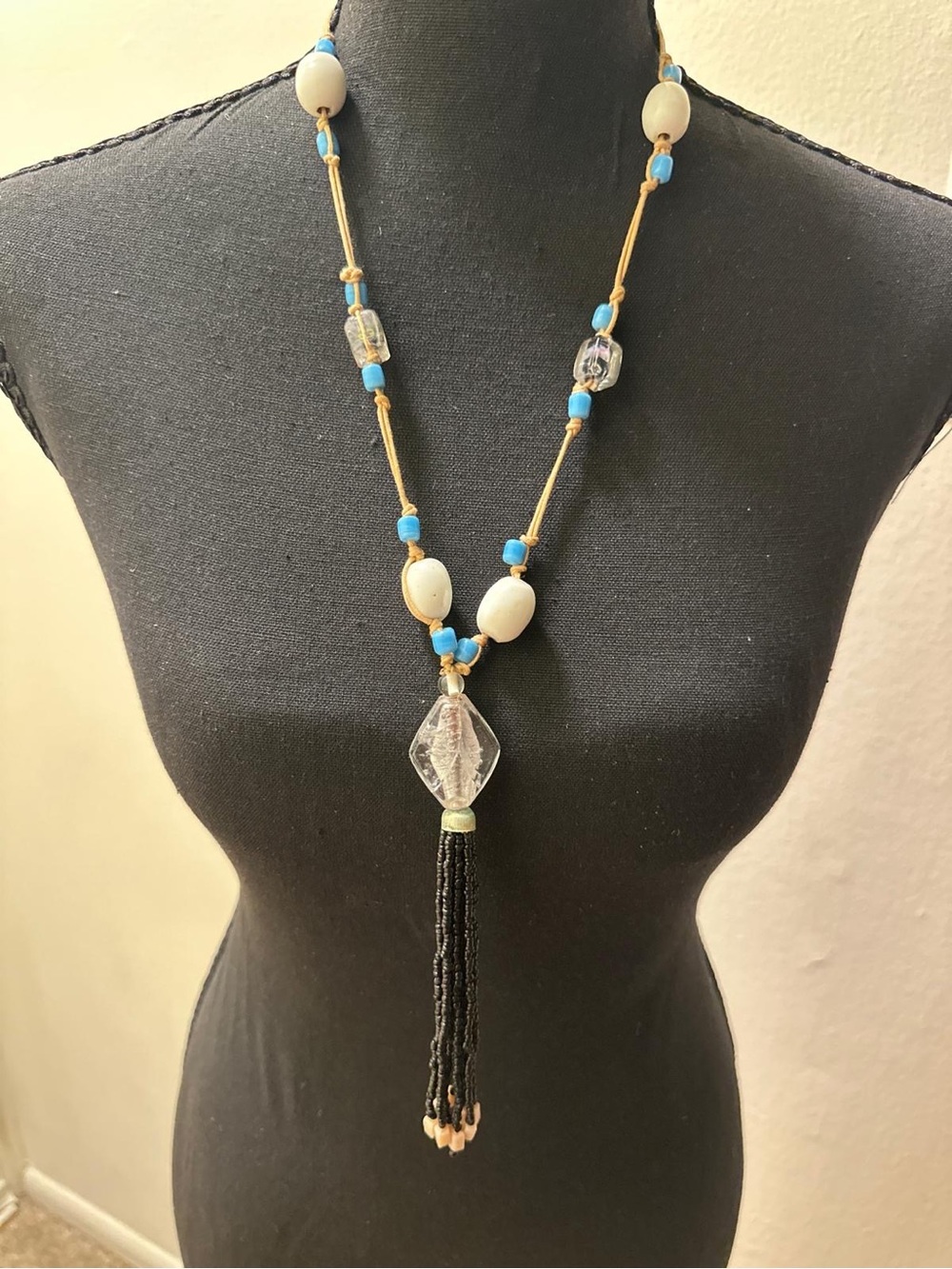 Boho Clear Glass Diamond Pendant Lariat Necklace Beaded Tassel Cord Turquoise